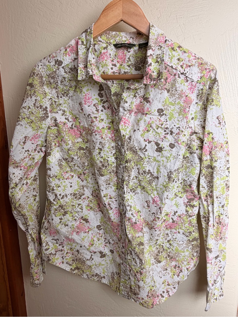 Eddie Bauer White Button-Down Shirt with Pink & Green Floral Splatter